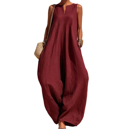 Women's Sleeveless V-Neck Wide-Leg Jumpsuit with Pockets