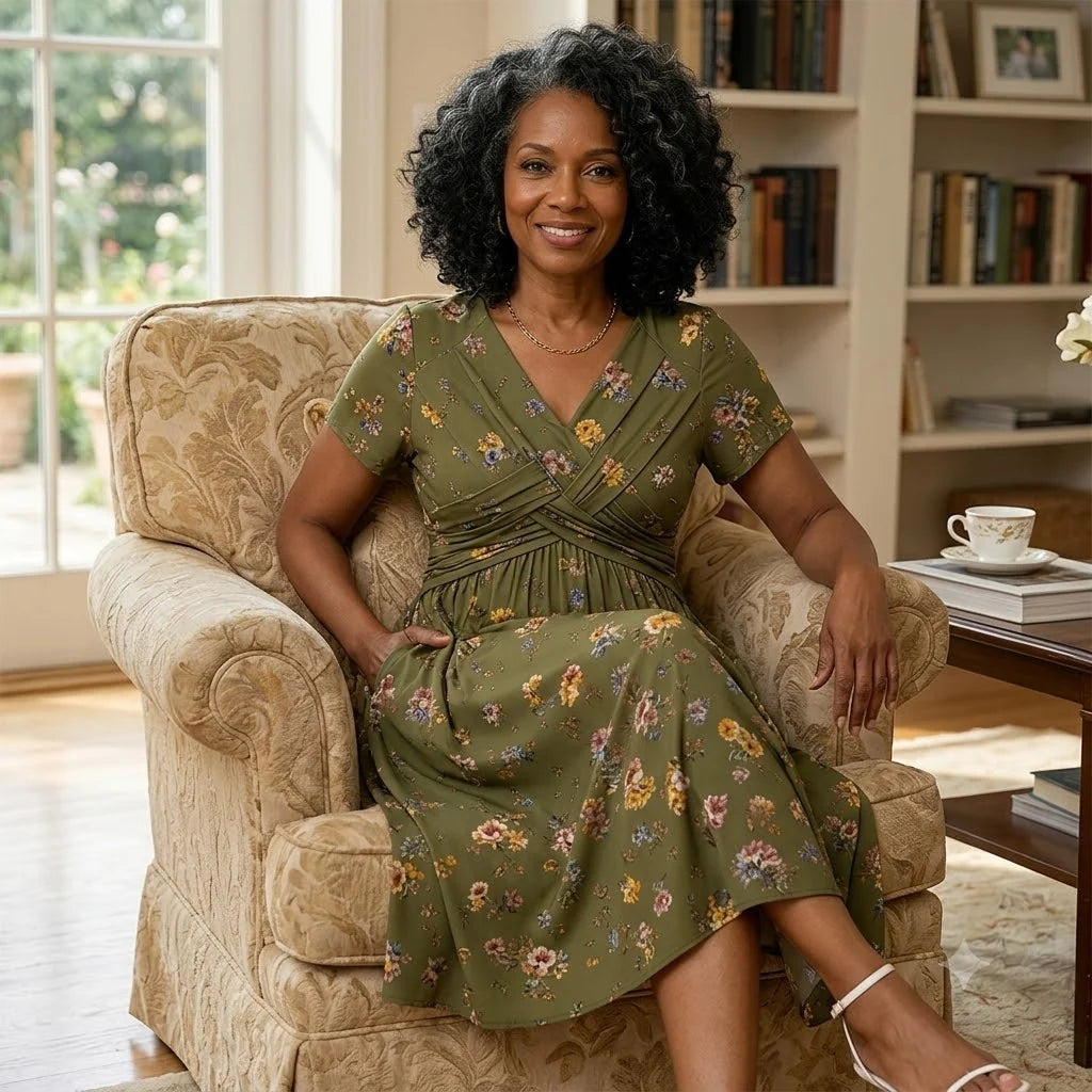 Floral V-Neck Twist-Waist Dress — Elegant Yet Easygoing for Any Occasion