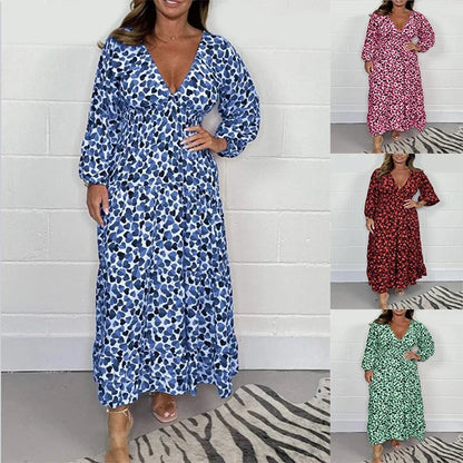 Sexy printed women's dress with deep V-neck
