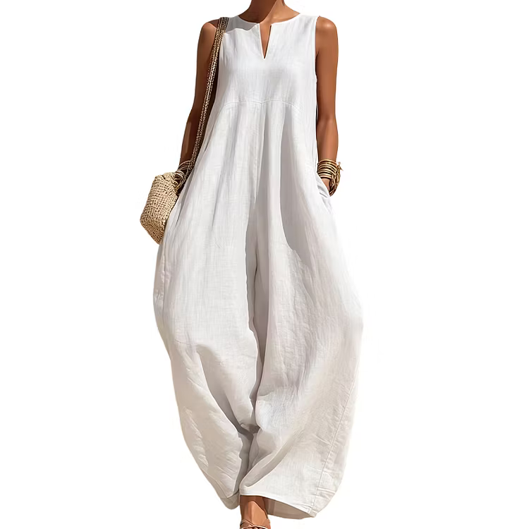 Women's Sleeveless V-Neck Wide-Leg Jumpsuit with Pockets