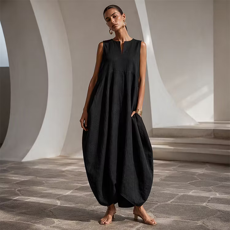 Women's Sleeveless V-Neck Wide-Leg Jumpsuit with Pockets