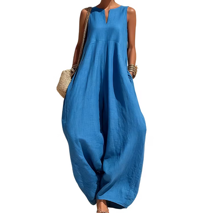 Women's Sleeveless V-Neck Wide-Leg Jumpsuit with Pockets