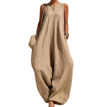 Women's Sleeveless V-Neck Wide-Leg Jumpsuit with Pockets