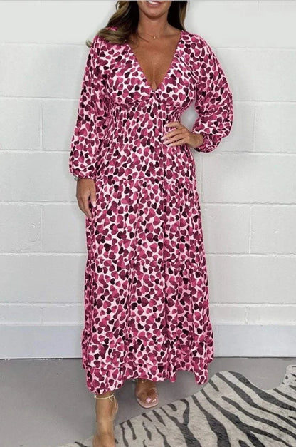 Sexy printed women's dress with deep V-neck