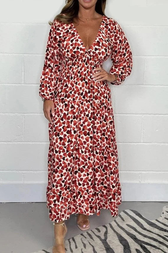 Sexy printed women's dress with deep V-neck