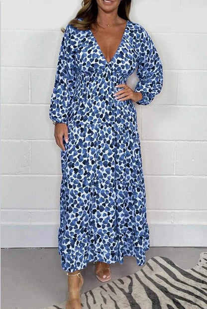 Sexy printed women's dress with deep V-neck