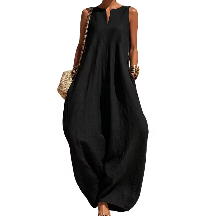 Women's Sleeveless V-Neck Wide-Leg Jumpsuit with Pockets
