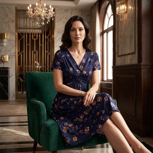 Floral V-Neck Twist-Waist Dress — Elegant Yet Easygoing for Any Occasion