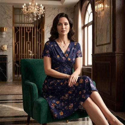 Floral V-Neck Twist-Waist Dress — Elegant Yet Easygoing for Any Occasion