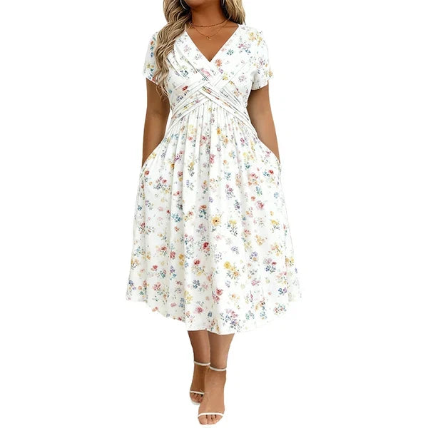 Floral V-Neck Twist-Waist Dress — Elegant Yet Easygoing for Any Occasion