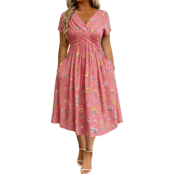 Floral V-Neck Twist-Waist Dress — Elegant Yet Easygoing for Any Occasion