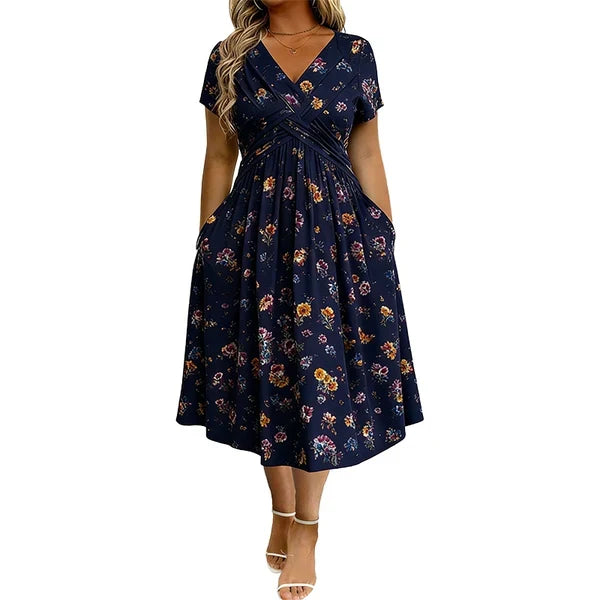 Floral V-Neck Twist-Waist Dress — Elegant Yet Easygoing for Any Occasion