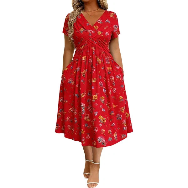 Floral V-Neck Twist-Waist Dress — Elegant Yet Easygoing for Any Occasion