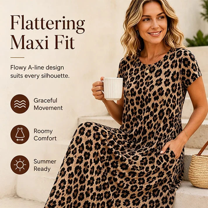 Women's Leopard Print Maxi Dress with Pockets Casual Short Sleeve Long Dress