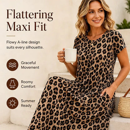 Women's Leopard Print Maxi Dress with Pockets Casual Short Sleeve Long Dress