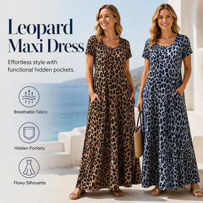 Women's Leopard Print Maxi Dress with Pockets Casual Short Sleeve Long Dress