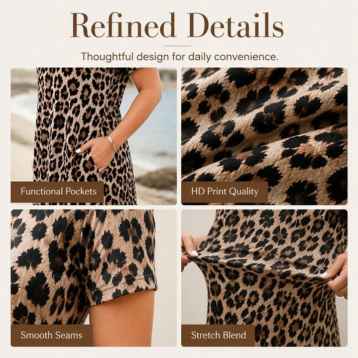 Women's Leopard Print Maxi Dress with Pockets Casual Short Sleeve Long Dress